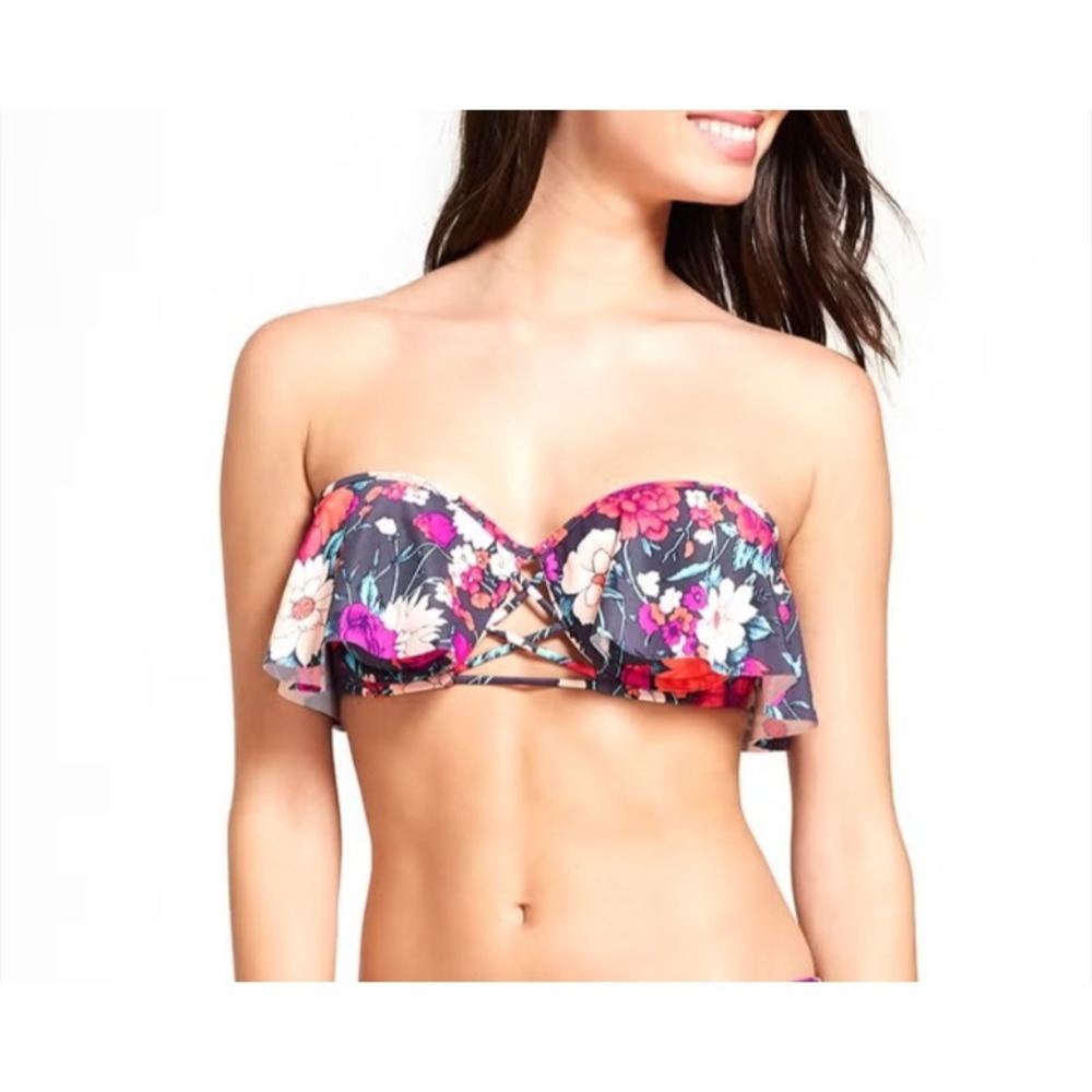 Shade & Shore Women's Floral Padded Halter Bikini Top 36B‎ Flare Lace Up Detail